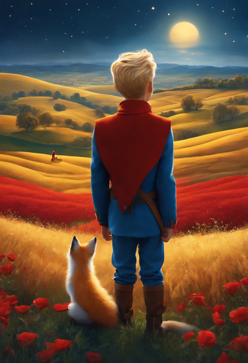 The Little Prince is looking down at a golden field from a hill with the fox. The fox misses the Little Prince. The Little Prince is a human and is wearing blue pants and a red vest.