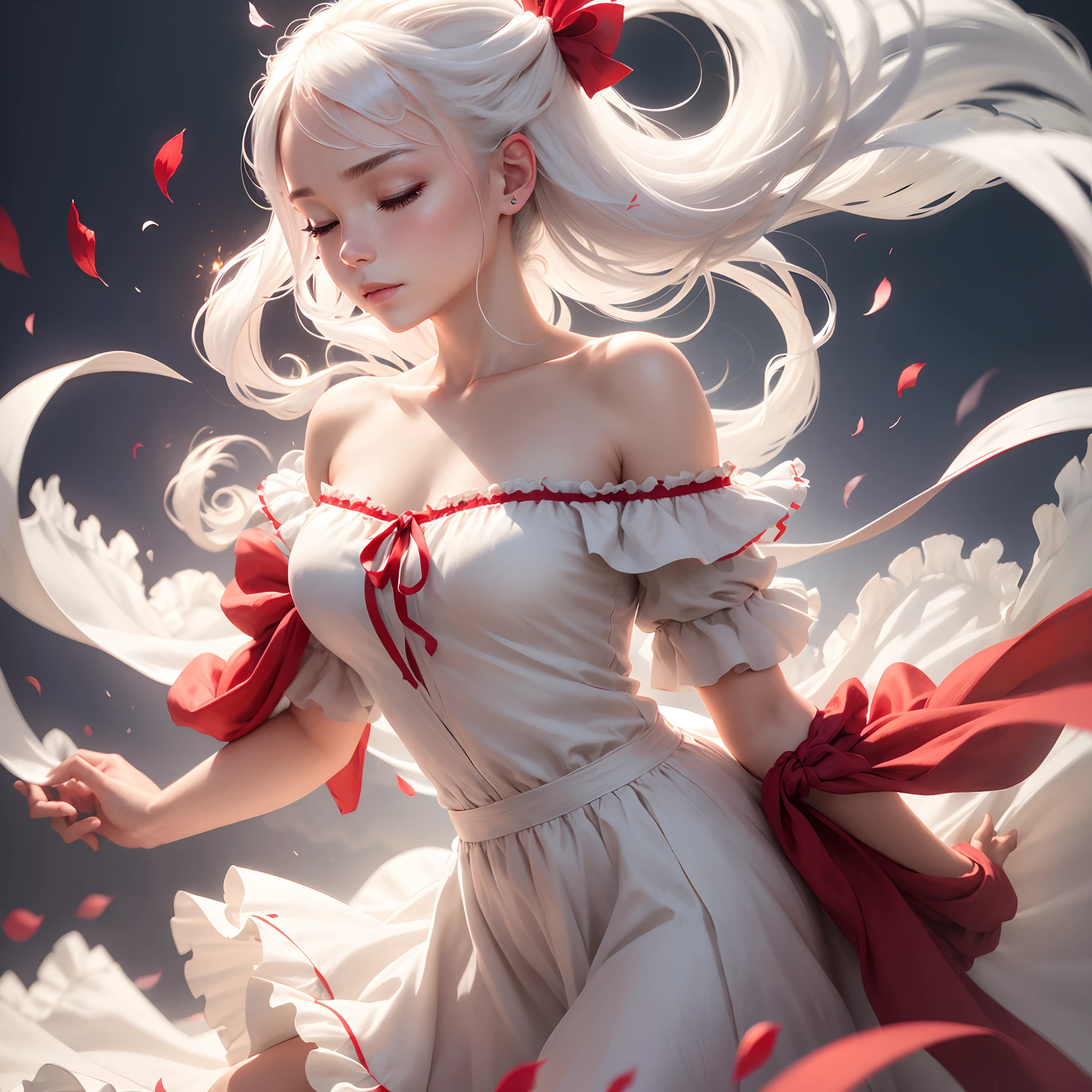 ((solo)), ((close-up side profile)) of a girl with (one eye closed), ((head tilted up)), white hair that is tied up, (faint smile), flowing hair, burning flower on hair, falling petals, (frilly white off-shoulder dress with red ribbons), flowing cloth