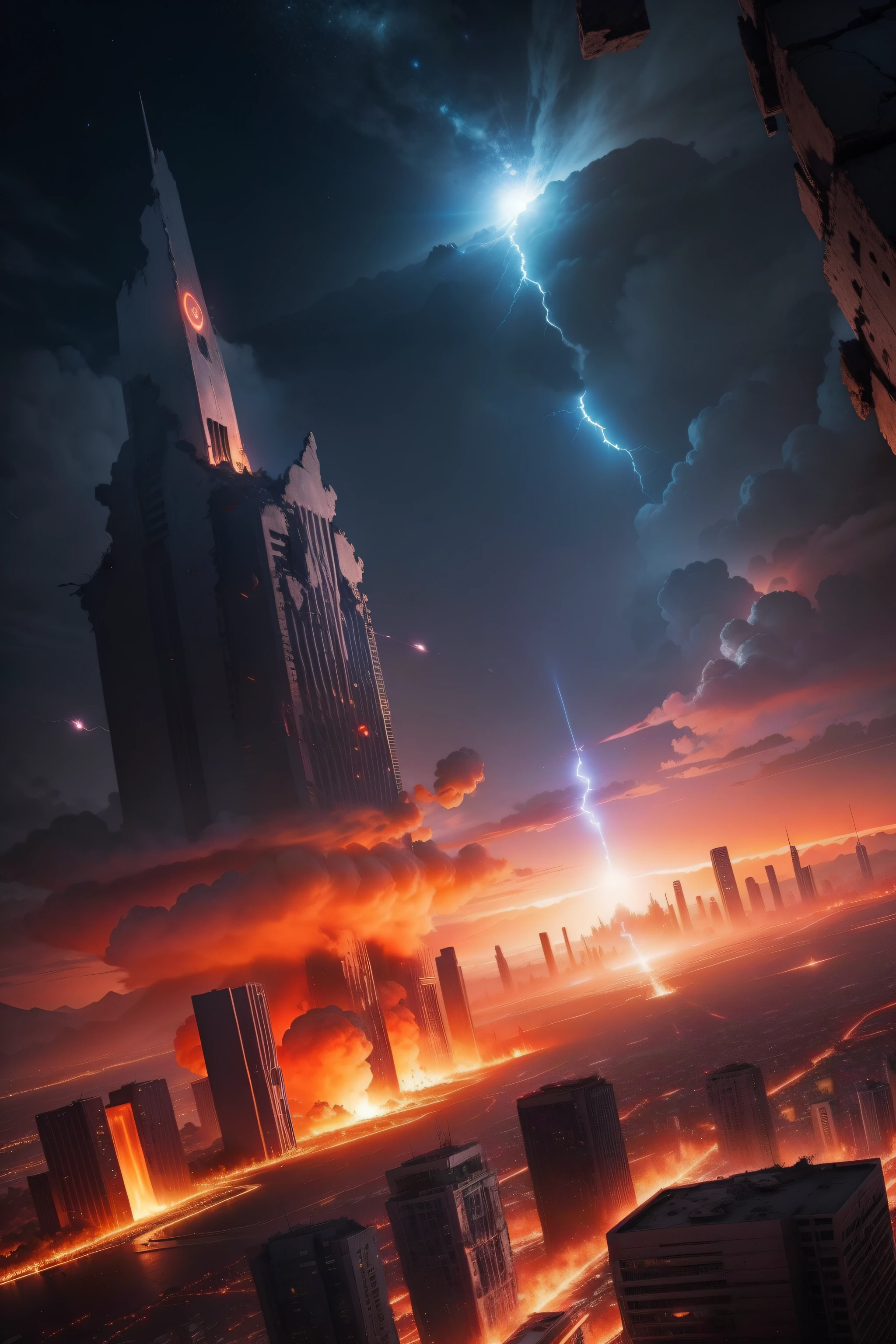 Ruins of the city after the earthquake,A doomsday vision,There are fireballs in the sky。