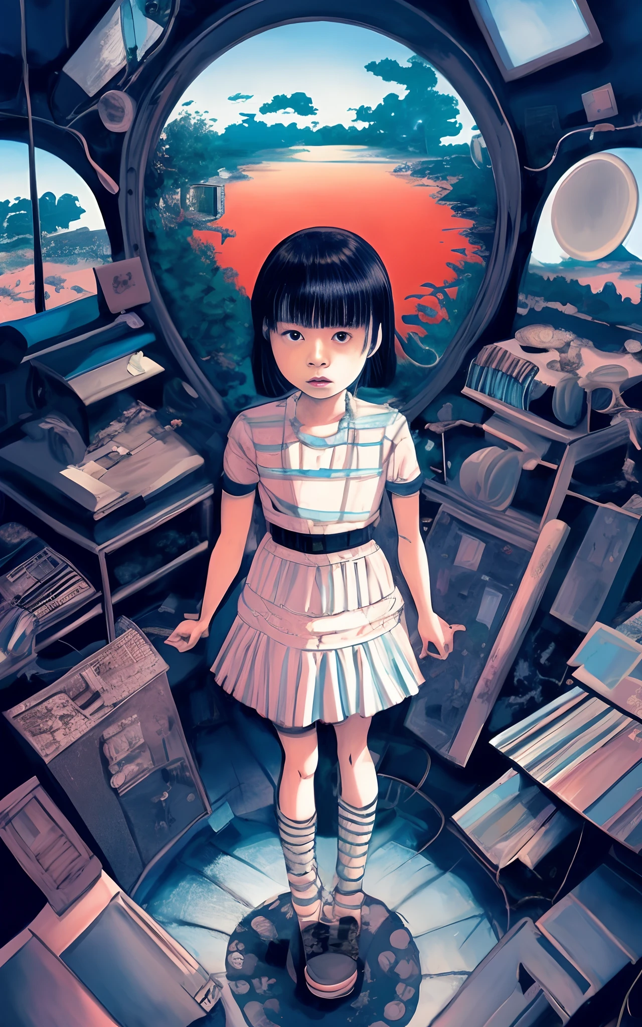 Painting of a standing in a room with a mirror, junji ito 4 k, inspired by Josan Gonzalez, pop japonisme 3 d ultra detailed, by Jason Teraoka, josan gonzales, makoto shinkai cyril rolando, In the style of Katsuhiro Otomo, shintaro kago, satoshi kon artstyle