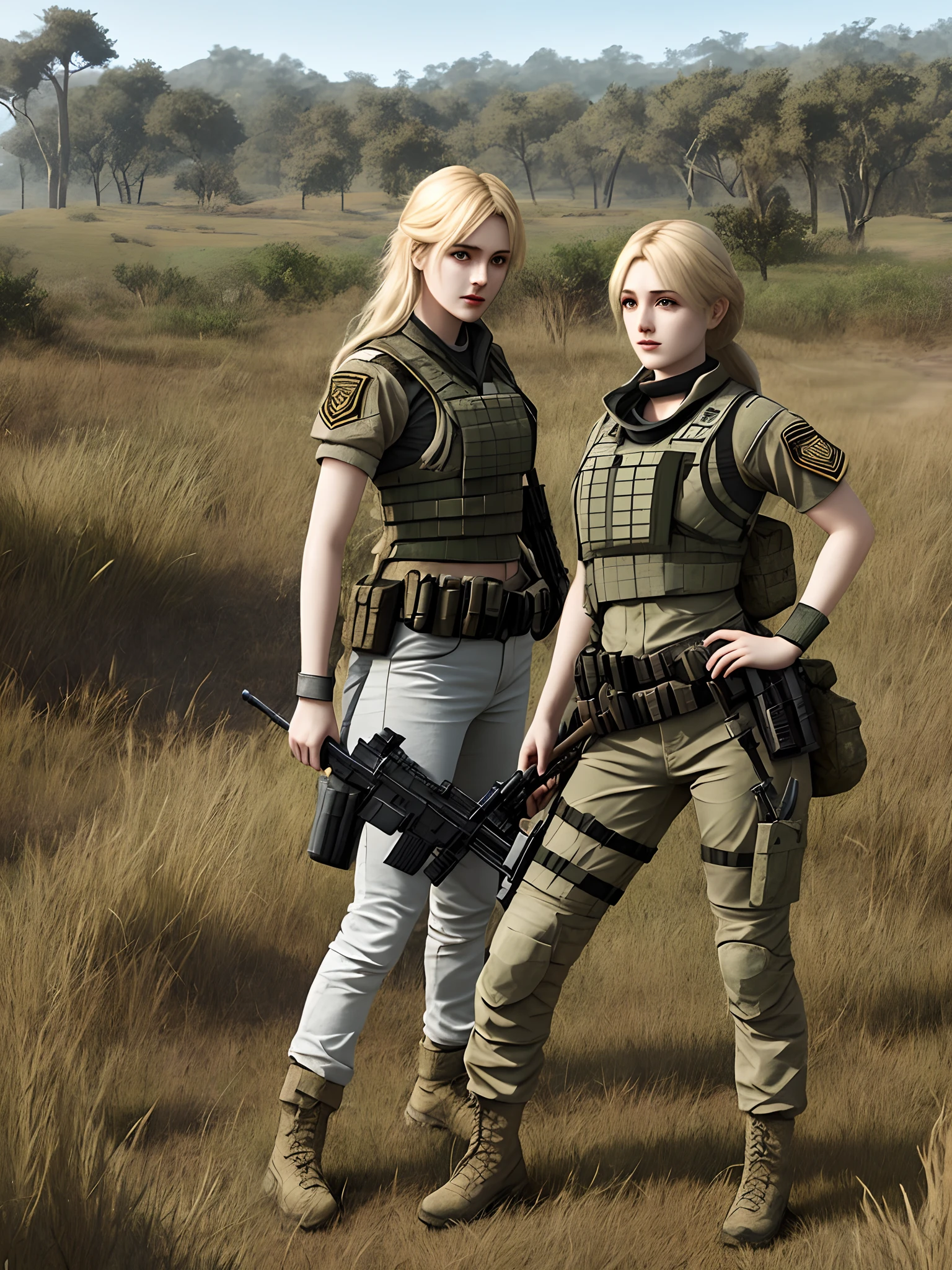 Female characters in FRP games,Live Action,high-detail,modern day,a blond,length hair,battle field,military outfits