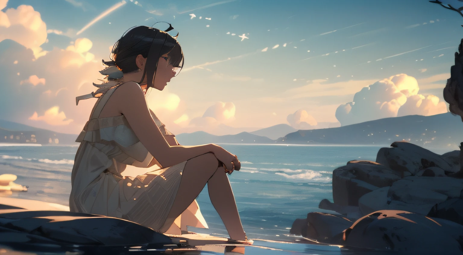 Silhouette girl in glasses and boy in casual clothes sitting together on a reef by the sea watching the scenery, Light yellow hair and delicate light yellow stirring, , Blow cold smoke out of your mouth, Neve, 夏天, photography of, (Ultra photo realsisim), {Extremely detailed CG 8k unit wallpaper}, Expansive landscape photography, (The view below prioritizes the elegance of landscape details, Broaden your horizons), (low angle photo), ( high beams: 1,0), (low-light: 1,0), (Warm light source: 1.5), complexdetails, (Irridescent color: 1,7), (Bright lighting), (Atmospheric illumination), Visionary, ellegance, Modern Yang Jie, detailed fantasy art, Stunning character art, Fanart Meilleure ArtStation, Epic and exquisite character art, Extremely detailed art, The art of detailed digital animation heats up
