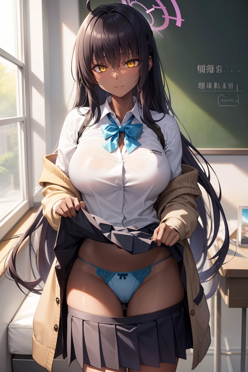 Blue Archive Karin, karin, Ahoge, Black hair, (Dark skin), (dark skinned female:1.3), Halo, Long hair, (Yellow eyes:1.5),Break Cardigan, Neck ribbon, Pleated skirt, bow ribbon, School uniform, Skirt, (Blue cardigan:1.3), Naughty big、large full breasts、BREAK looking at viewer, Break indoors, crass room,BREAK (masutepiece:1.2), Best Quality, High resolution, Unity 8k壁纸, (Illustration:0.8), (Beautiful detailed eyes:1.6), extra detailed face, Perfect Lighting, extremely details CG, (Perfect hands, Perfect Anatomy),(Skirt lift:1.3), (Blue stripes々Panties:1.3)、(Skirt that rolls up:1.3)、(Fully exposed panties:1.5),(is standing:1.3)、