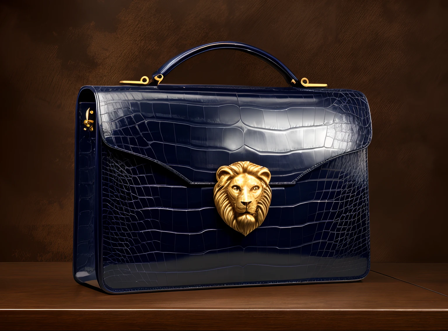 there is a navy briefcase with a lion head on it, the handbag is over a wood table, briefcase, high detail product photo, high quality product photo, luxury, luxury brand, classy, highly detailed product photo, high resolution product photo, decadent, daniel, by derek zabrocki, thumbnail, exquisite navy accessories, elegant and proud