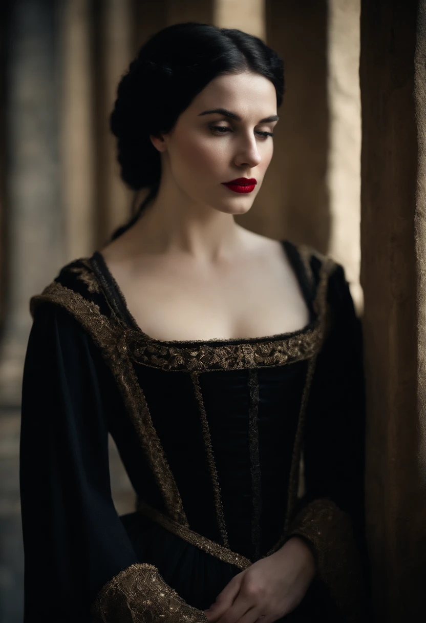 fourteenth century french courtesan beautiful in black clothing. Pale skin, Black hair, red lips