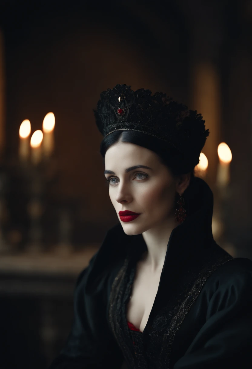 fourteenth century french courtesan beautiful in black clothing. Pale skin, Black hair, red lips