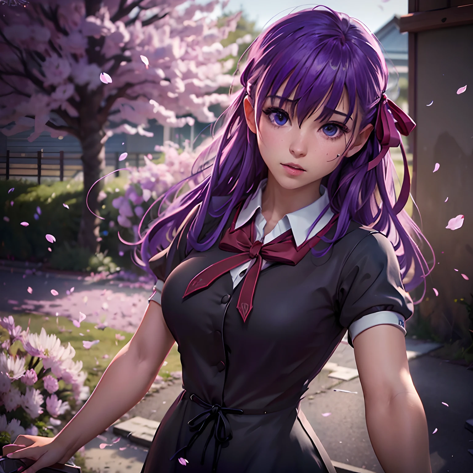 ((Personagem hyper realista)), (Sakura Matou de 18 anos), Grande Ordem do Destino, defronte/corpo inteiro/, corpo perfeito, corpo intrincado, mid hair, cabelo roxo, vestido preto com tons de roxo,/Hiper realista, qualidade extrema, maximum details, max quality, Hyper realistic Cinematic lighting/