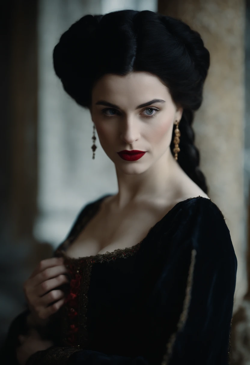 fourteenth century french courtesan beautiful in black clothing.  Pale skin, Black hair, red lips