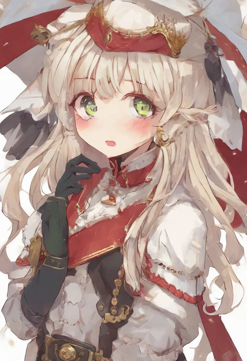A young girl,Melon seed face,Gentle face,long white hair,Wears a light green Major General's uniform,She wears a military hat with white and black trim,There is a red star on the hat,She wore a pair of black riding boots,She wears a pair of white stockings on her legs,A reddish-brown cloak was draped over her shoulders,standing on your feet