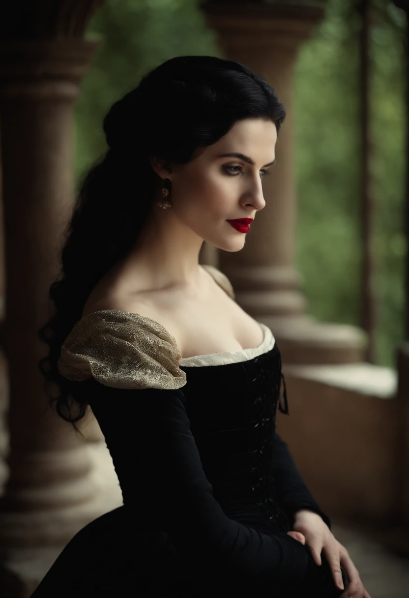 fourteenth century french courtesan beautiful in black clothing. Pale skin, Black hair, red lips