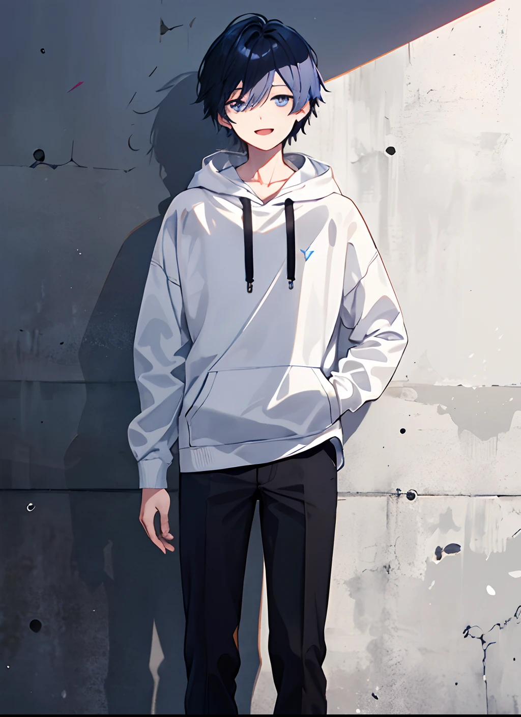 One young man calm,White hoodie,Be in the center,Gentle expression，Short indigo hair and dark eyes、Mouth open，Beautiful eyes,youthfulness，Adult，short detailed hair,planar，solo person，Low light and shadow sensation,black trousers、Standing facing the front、Good mood、indigo color close to black、
a smile、