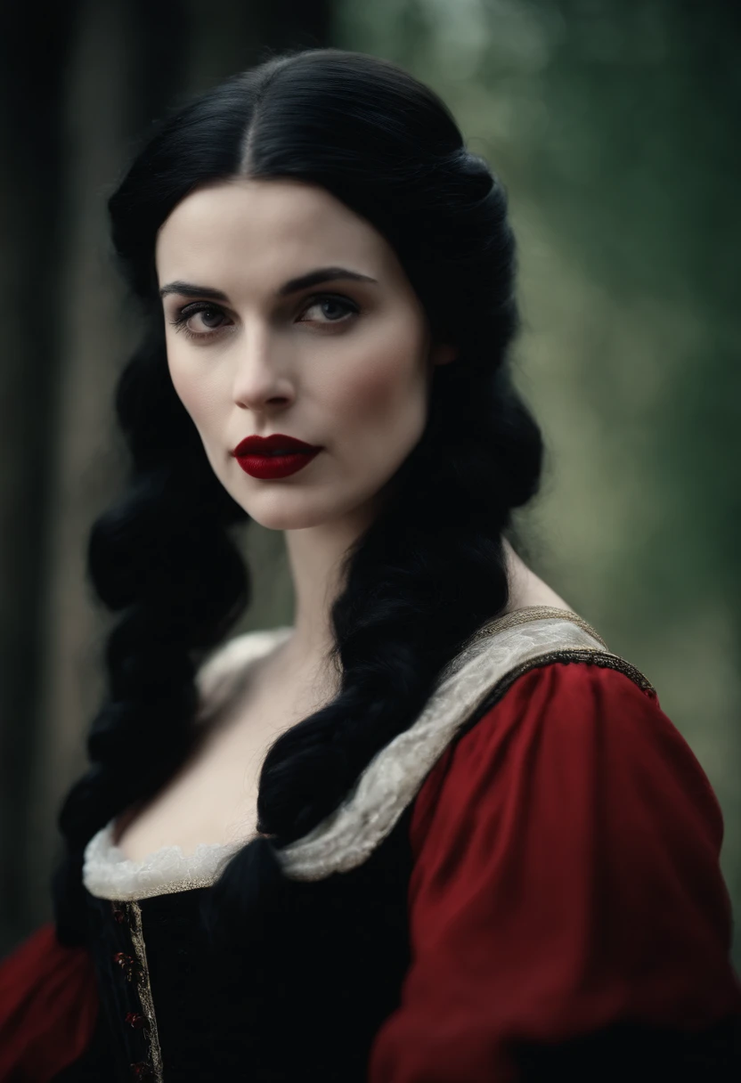 fourteenth century french courtesan beautiful in black clothing.  Pale skin, Black hair, red lips