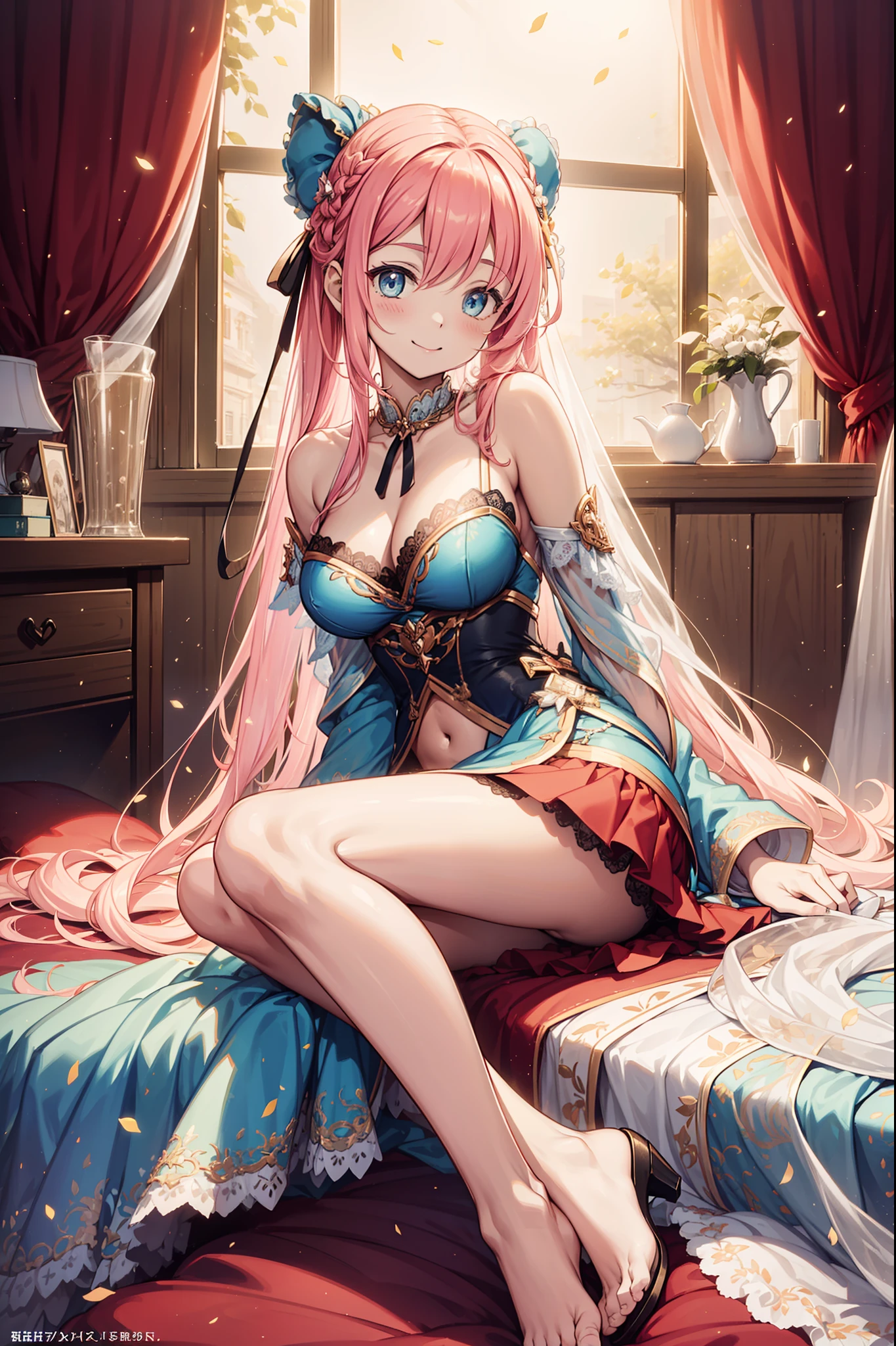 teens girl，Enchanted，Divine happiness，Being in love，(Light Victorian dress)，Pink hair，eBlue eyes，Maximalism，Multiple layers of delicate ruffles，Lots of lace，Multi-colored cloth，Delicate embroidery，Delicate pattern，Fabric headdress，exquisite costumes，see-through transparent clothes，Gorgeous interior scene with bed，the night，glittery，(Dazzle:1.1)，Movie lighting，the night，solo person，Fluttering skirt，(White style:1.2), ((Best illustration of the best photo))