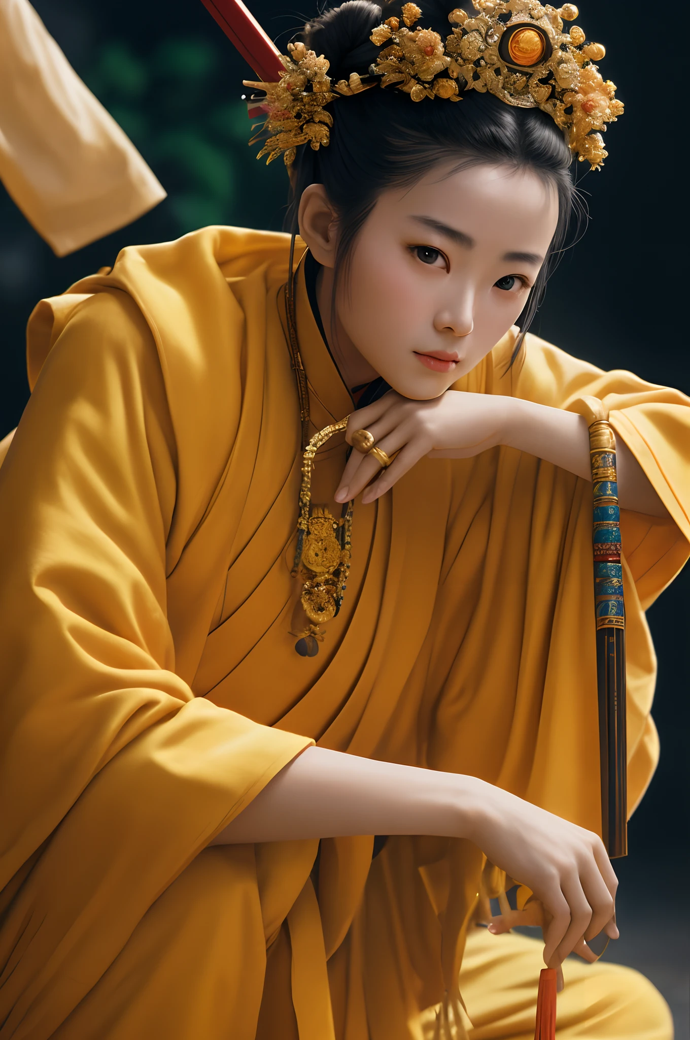 8K high quality, Detailed, Color simulation photo, Masterpiece, Photorealistic, Vivid color film, masterclass, heavy (filmgrain), Fujicolor 400, Nikon F401,Close up,kneeling,,a female monk,taoist,single hairbun,a gold hairstick on her head