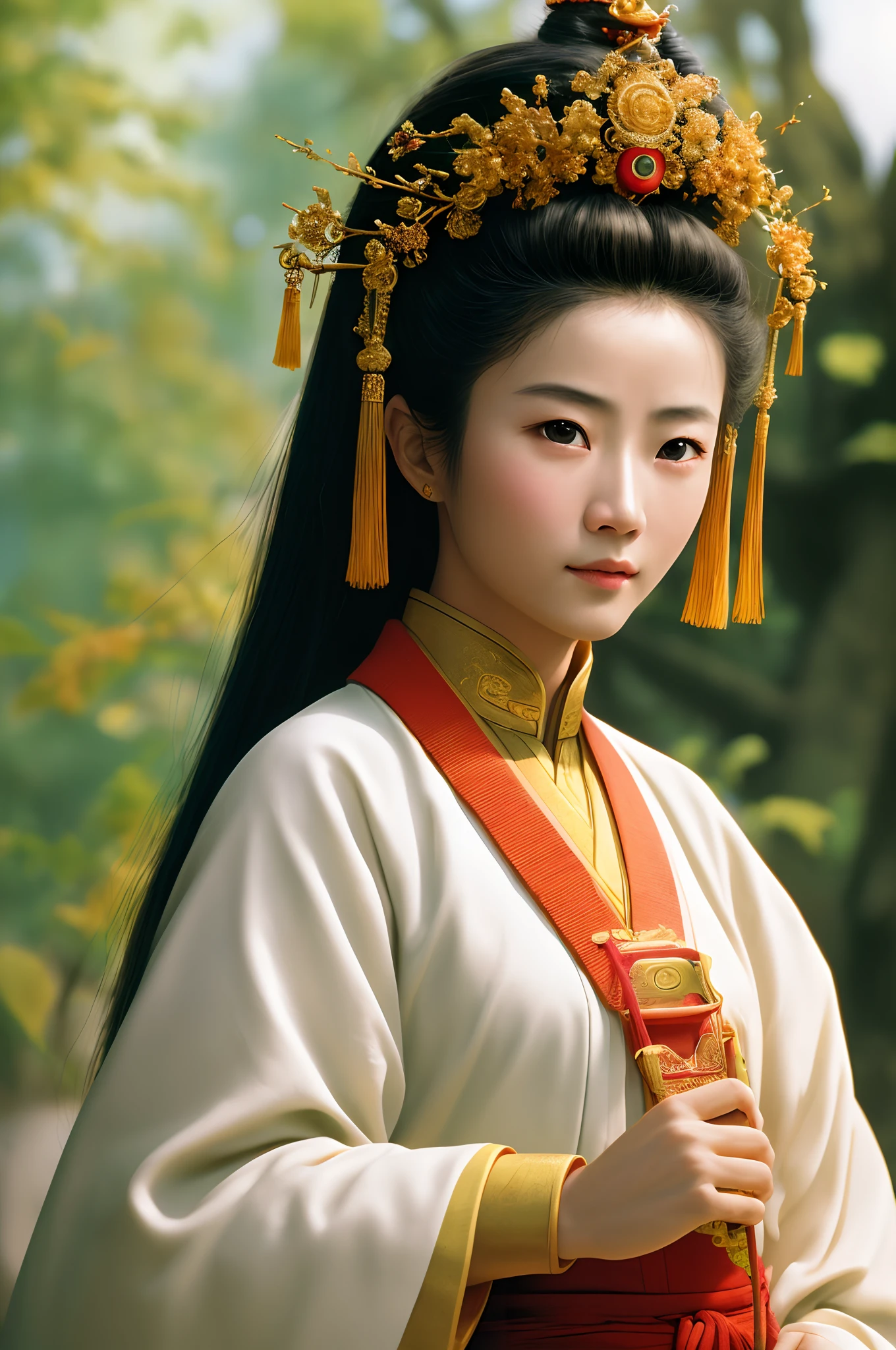 8K high quality, Detailed, Color simulation photo, Masterpiece, Photorealistic, Vivid color film, masterclass, heavy (filmgrain), Fujicolor 400, Nikon F401,1人,Close up,standing,a female monk,taoist,single hair,a gold hairstick on her head