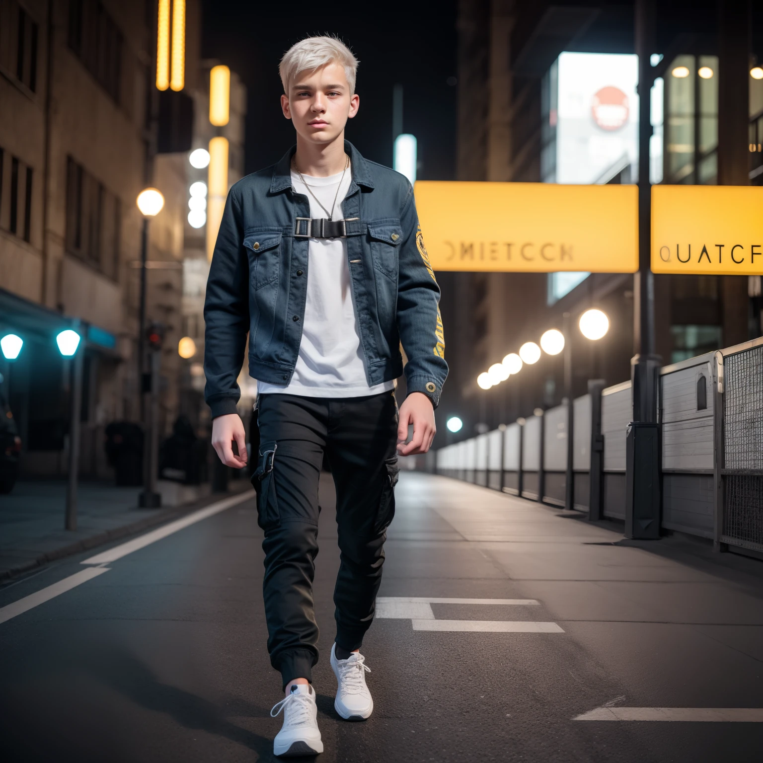 Teen male, (((16yo))), dead inside, yellow black cargo pants, full body view, city, background blur, chromatic aberration, bokeh, skinny body, white hair, ultra realistic, HQ, 8k, square masculine caucassian face, chainlet, harness, denim jacket, pattern sneakers