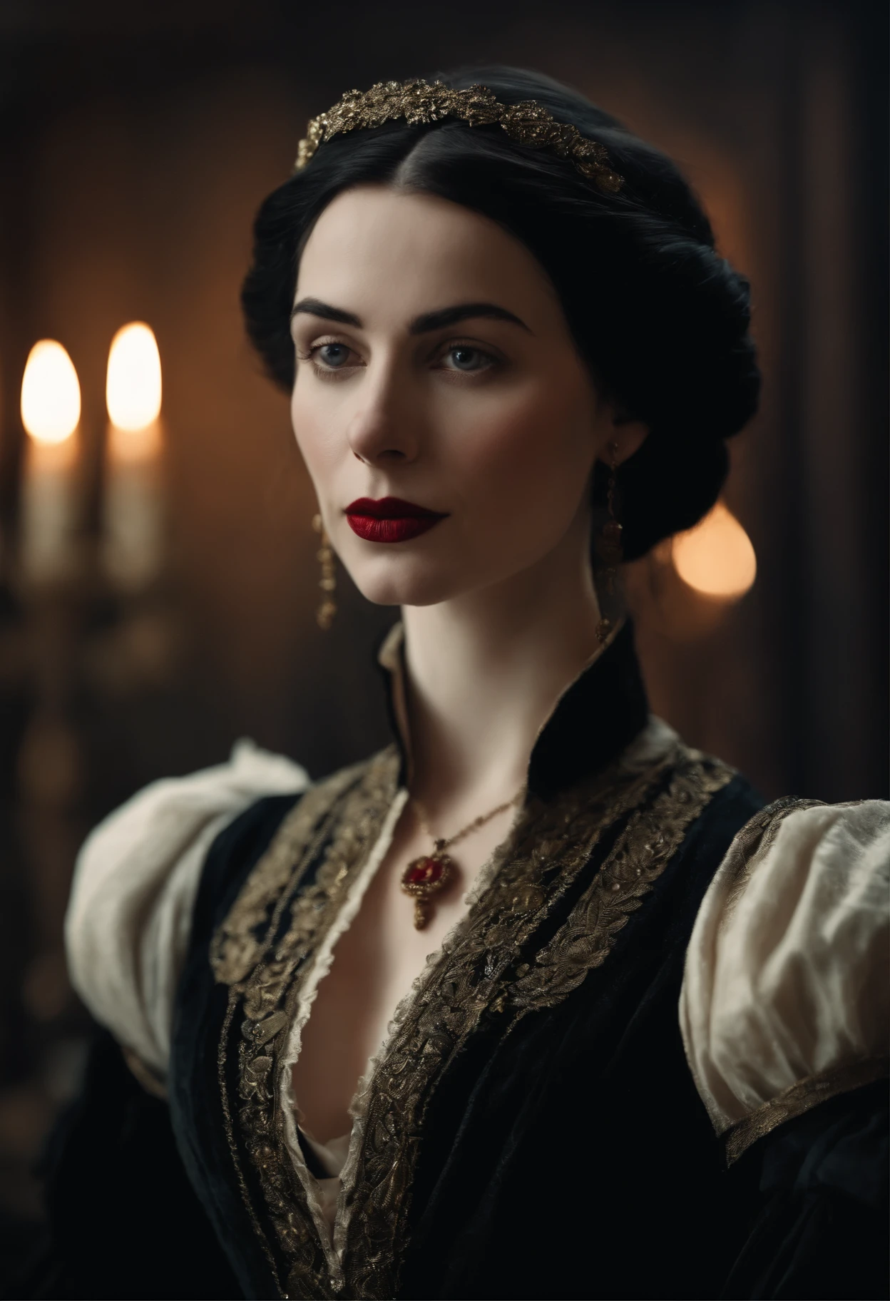 fourteenth century french courtesan beautiful in black clothing.  Pale skin, Black hair, red lips