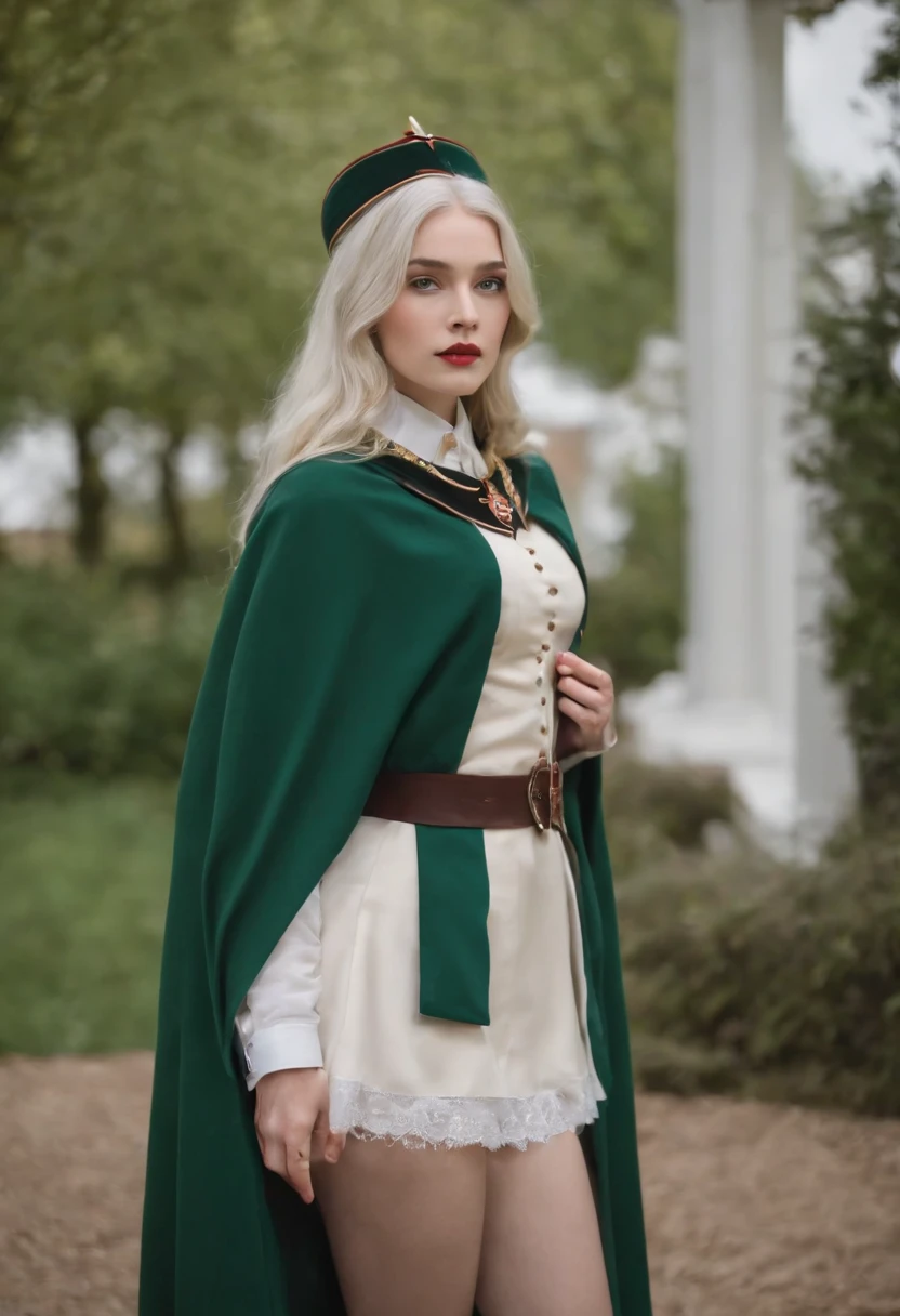 A young girl，Melon seed face，Gentle face，long  white hair，Wears a light green Major General's uniform，She wears a military hat with white and black trim，There is a red star on the hat，She wore a pair of black riding boots，She wears a pair of white stockings on her legs，A reddish-brown cloak was draped over her shoulders,standing on your feet