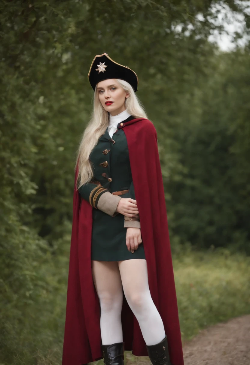 A young girl,Melon seed face,Gentle face,long white hair,Wears a light green Major General's uniform,She wears a military hat with white and black trim,There is a red star on the hat,She wore a pair of black riding boots,She wears a pair of white stockings on her legs,A reddish-brown cloak was draped over her shoulders,standing on your feet