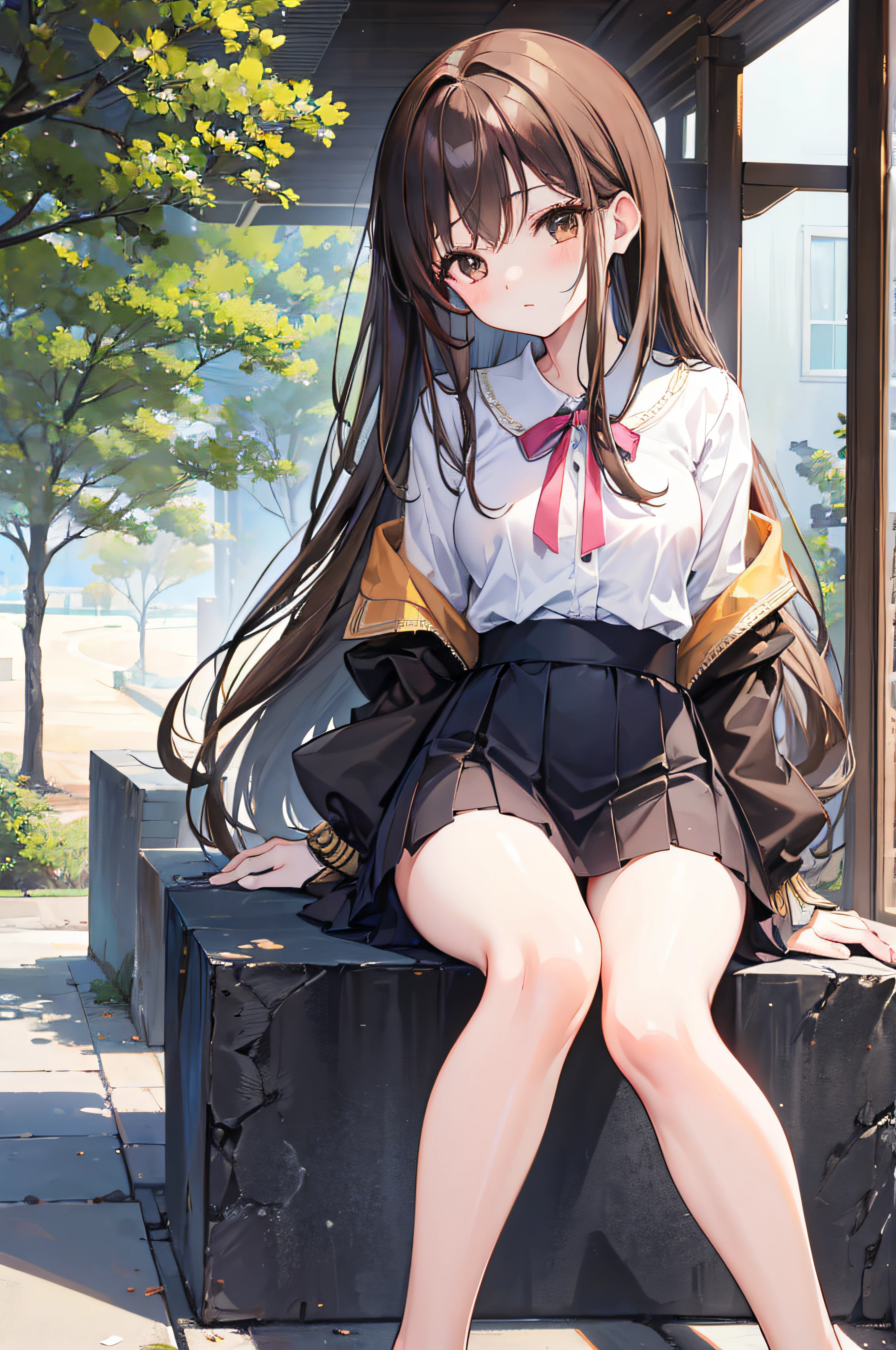 Hi-Res、masterwork、Chizuru Ichinose、Brown hair、soio、Female one、outside of house、细致背景、A detailed eye、((brown-eyed)),Beautiful and perfect legs, Clean and perfect hands