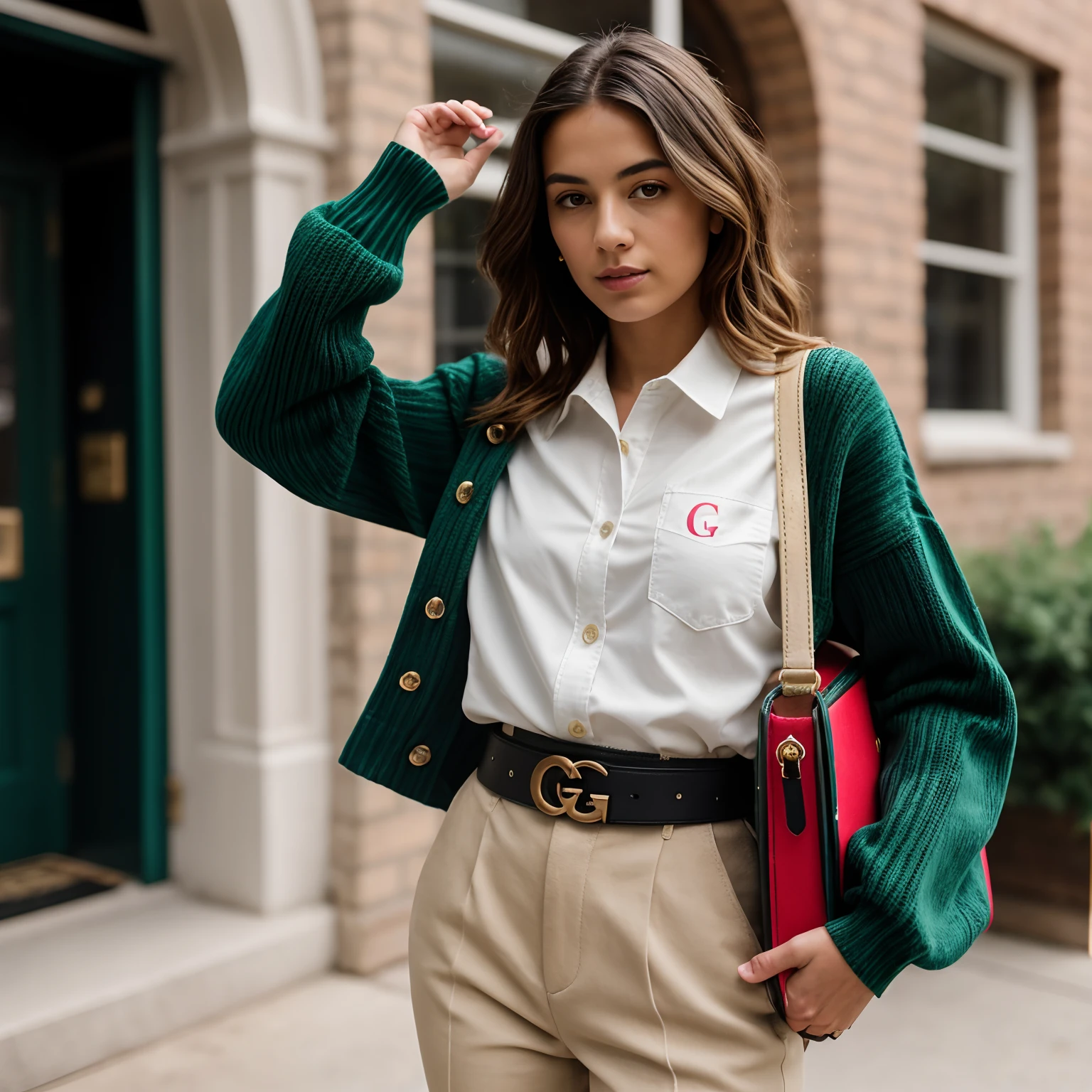 RAW Sequence Photo, a photo of 18 year old Teenage Girl,She is wearing a black sweater over a white button-down shirt, black trousers, black belt with gold Double G belt, white socks, and white sneakers with the green-red-green Web. To her right is a Gucci Savoy trolley with the beige and brown GG monogram and green-red-green Web strip down the middle stacked with a neon yellow duffle. To her left is a beige and brown GG monogram tote with neon yellow trim , matte photo, soft and rounded forms, translucent color, babycore, strong use of color, natural lights, HDR, realistic photo, professional photo, flirt with the viewer, sexy look, photorealistic, Beautiful, 8k UHD, high quality, filmic grain, Fujifilm XT3