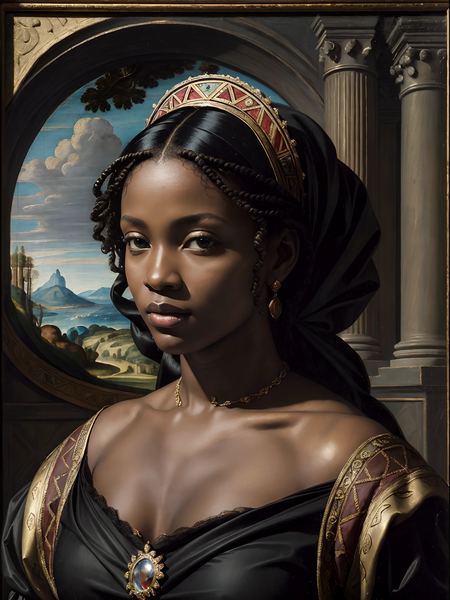 (Renaissance oil painting of a beautiful black woman:1.3), best quality, masterpiece, expressive, thrilling, 256k, epic, crepuscular lights, (by Michelangelo, by Rafael, by Rubens:1.2), chiaroscuro, best quality, masterpiece, (best hands), excellent, outstanding, breathtaking, gorgeous, top quality, 10/10, splendid, amazing, wonderful