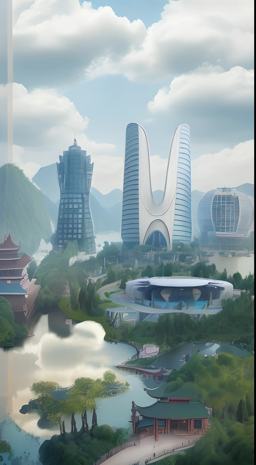 There is a picture,Aerial view of Hangzhou,There are mountains,there are waters,There are trees,The close-up view is West Lake,das boot,Leifeng Tower,Bridge,The vision is Hangzhou Century Center,Zhejiang Global Center,Qianjiang New City,Hangzhou Olympic Sports Center Stadium,with blue sky and white clouds