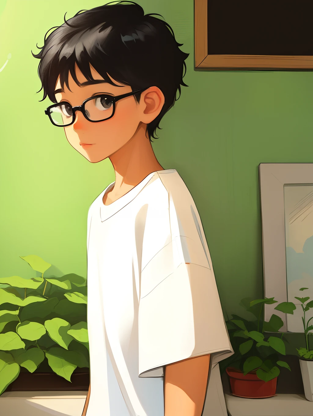 A cute little boy, wearing a white tshirt, background is wall with hanging some plants, anime, painting style image, short hair, cartoon style pic, short black hair, black eyes, two bow on hair , wearing glasses