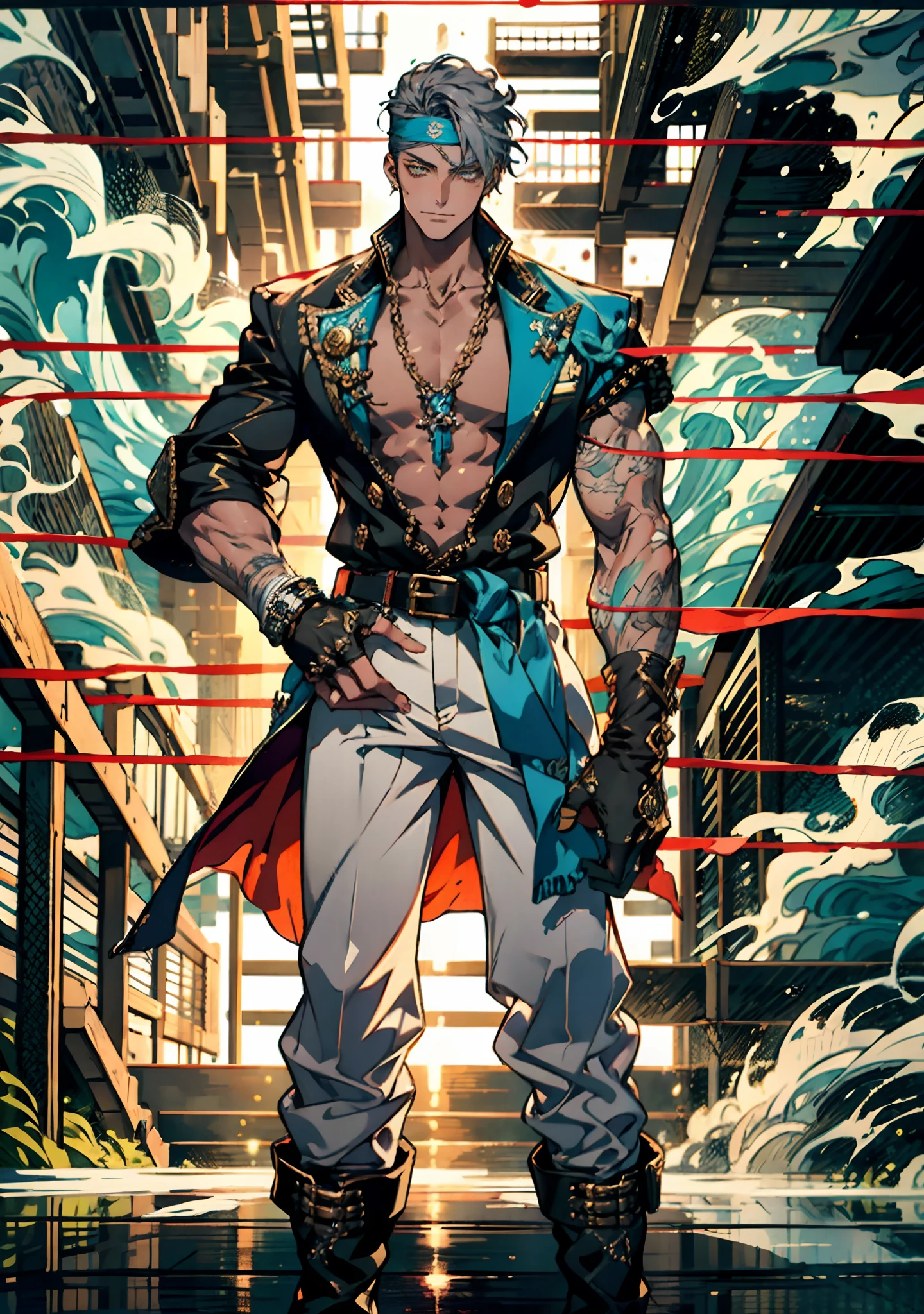 A man with short gray hair, Wearing a brown headband, deep-set eyes, a determined expression, a smiling face, he is dressed in a two-piece fantasy pirate-style leather outfit, flowing lower hem, short sleeves, gloves, a belt around his waist, coarse fabric trousers, long leather boots, the color scheme includes yellow and light blue and black and red, he has a tall stature, stands with his right hand on his hip, exuding confidence, in the background showcases the raging sea with towering waves, in the distance a thriving city can be seen, this character embodies a finely crafted fantasy-style pirate in anime style, characterized by an exquisite and mature manga illustration art style, high definition, best quality, highres, ultra-detailed, ultra-fine painting, extremely delicate, professional, anatomically correct, symmetrical face, extremely detailed eyes and face, high quality eyes, creativity, RAW photo, UHD, 8k, Natural light, cinematic lighting, masterpiece:1.5