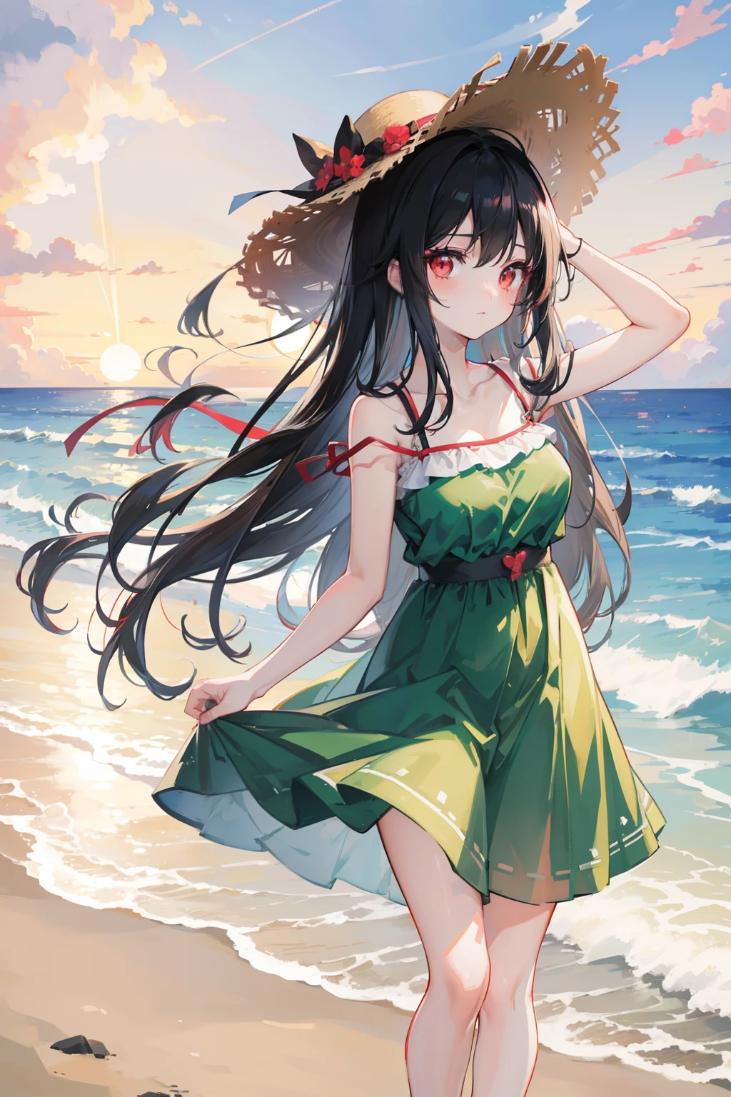 Anime girl, long pure black hair, crimson red eyes, wearing a straw hat, wearing a pastel green dress, standing at a beach with a sunset, good anatomy, high resolution, 8k