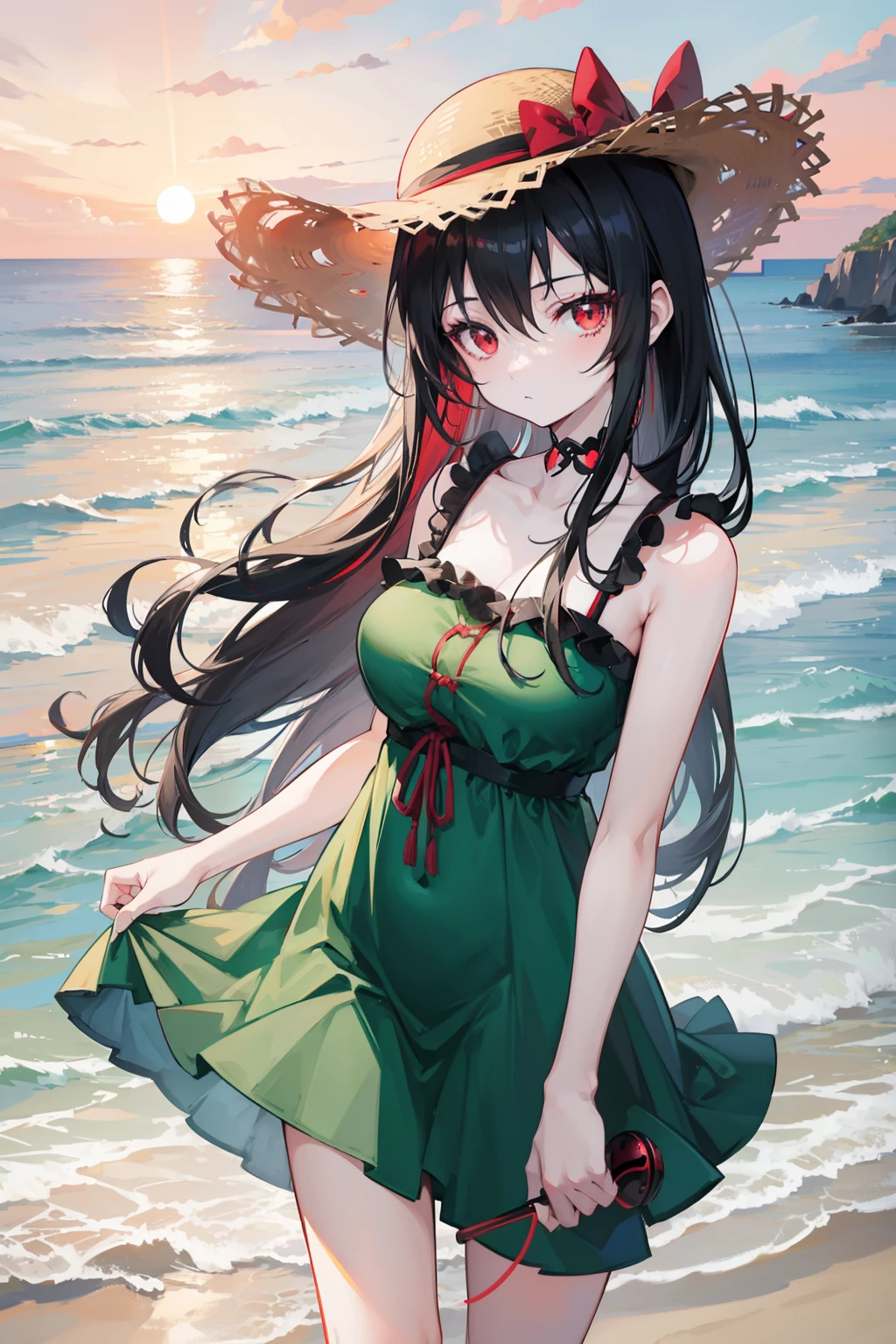 Anime girl, long pure black hair, crimson red eyes, wearing a straw hat, wearing a pastel green dress, standing at a beach with a sunset, good anatomy, high resolution, 8k