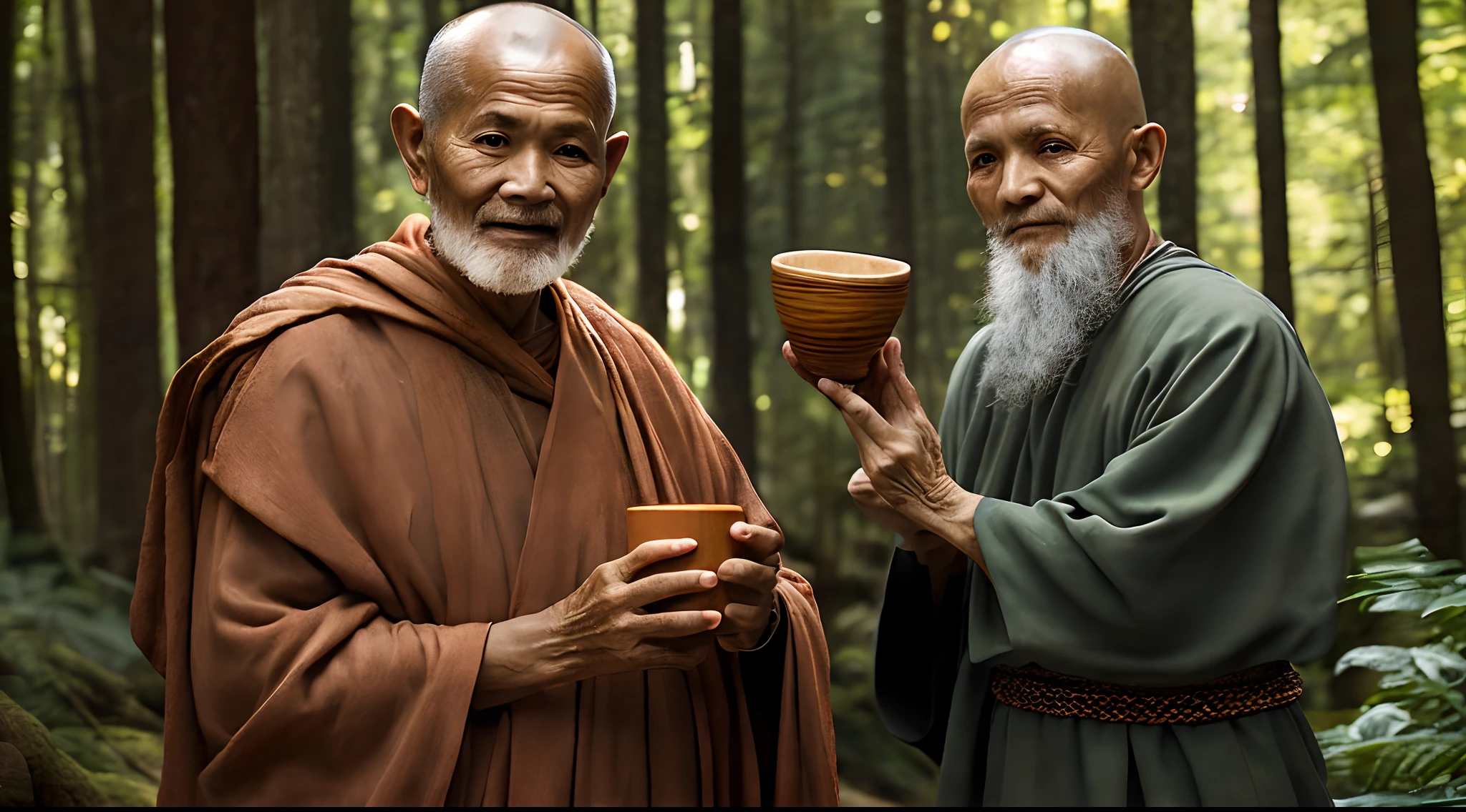 an old monk holding a clay cup in his hands, standing with male disciple in the forest, realistic, cinematic image, 2k