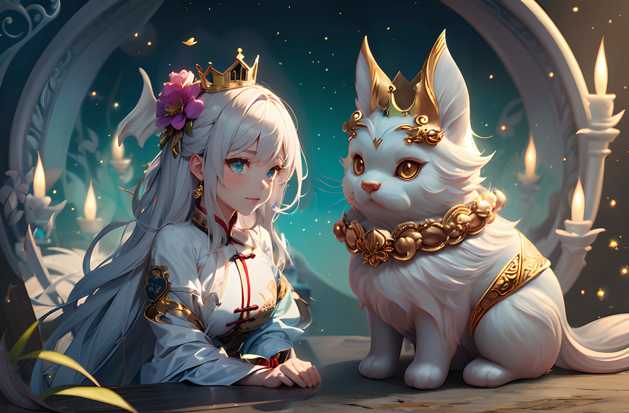 My mother is tall and beautiful. She has long hair, white hair. Her eyes are dark purple. She wears a long, flowing white gown. She is very kind and gentle, but she can be very stern when she needs to be. beautiful female, big bust, crown