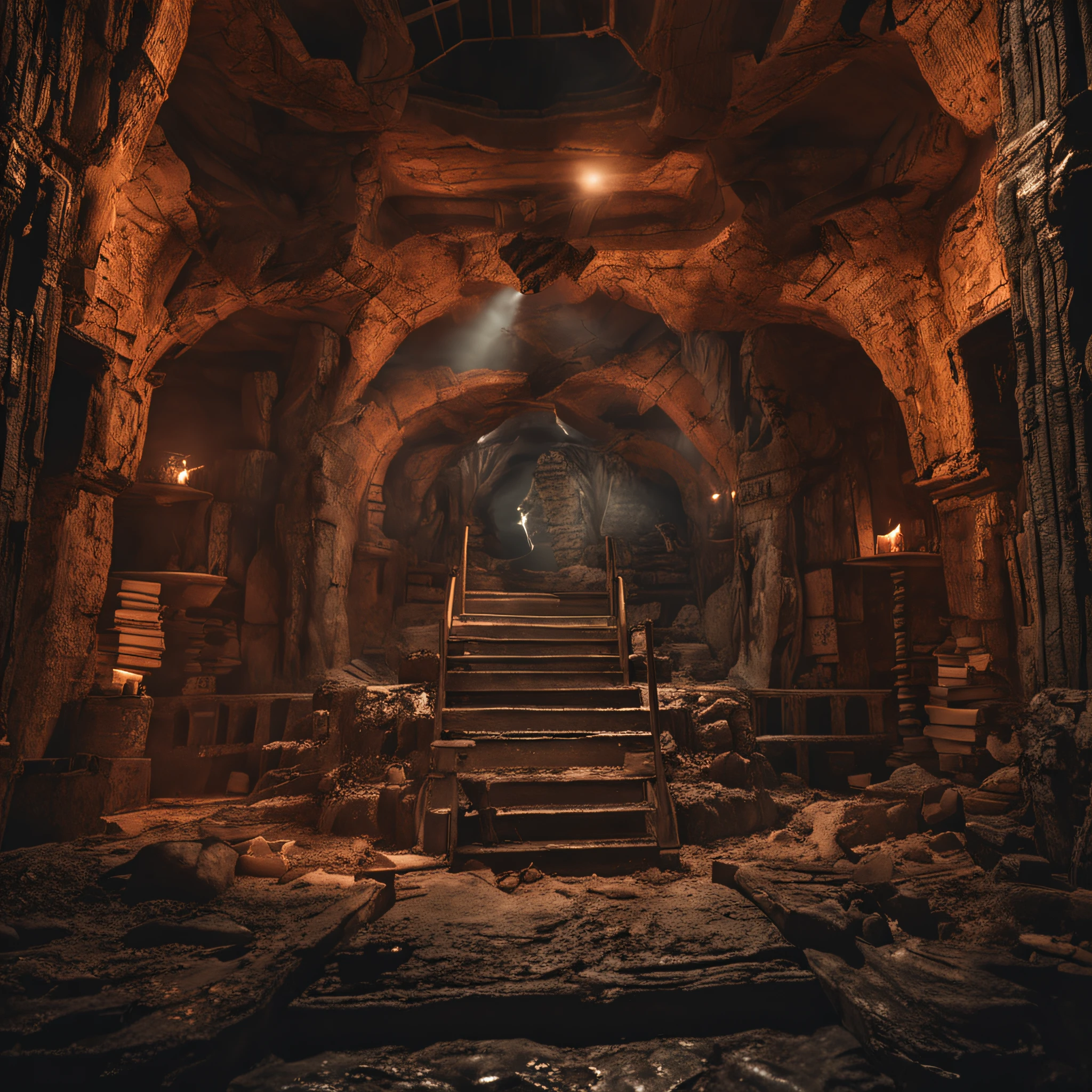 An archeologist reaching the book of prophecies, projecting dream-like visions, in the heart of the eerie Catacombs D&D style Fantastic display. UHD, dark fantasy, Photorealistic