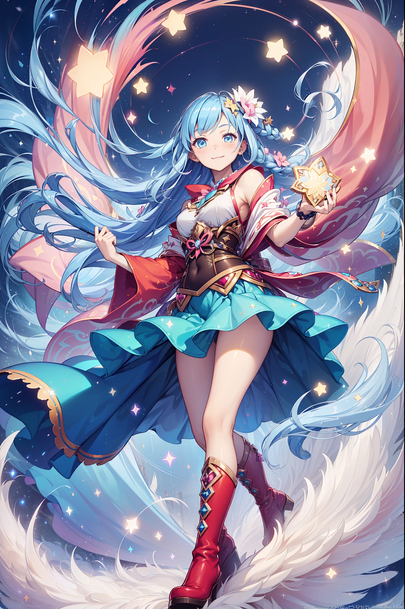 ((magical little girl)), ((Gorgeous starry sky background)), ((Ultra-detailed)), ((Best Illustration)), ((Cinematic lighting)), Dynamic Angle, Floating, finely detailed,(Transparent outer skirt and streamers:1.1), (glitters:1.2), (Sparkle:1.2), (Shine:1.2),  (Best quality), (Masterpiece:1.2), (Anime style), (Solo), Beautiful detailed face, (Cute face:1.3), Colorful hair, (Long hair:1.2), (Floating hair:1.2), (Love Magic Girl costume), detailed outfits, (Sparkling wand:1.3), (Magical effect:1.3), (Flowing skirt:1.2), (Cute boots:1.1), (Transparent fabric:1.1), (Twinkle:1.2), (Glow:1.2), (Radiance:1.2), (Flicker:1.2), (Dazzle:1.2),(The magic of love:1.3),Pink white tones，