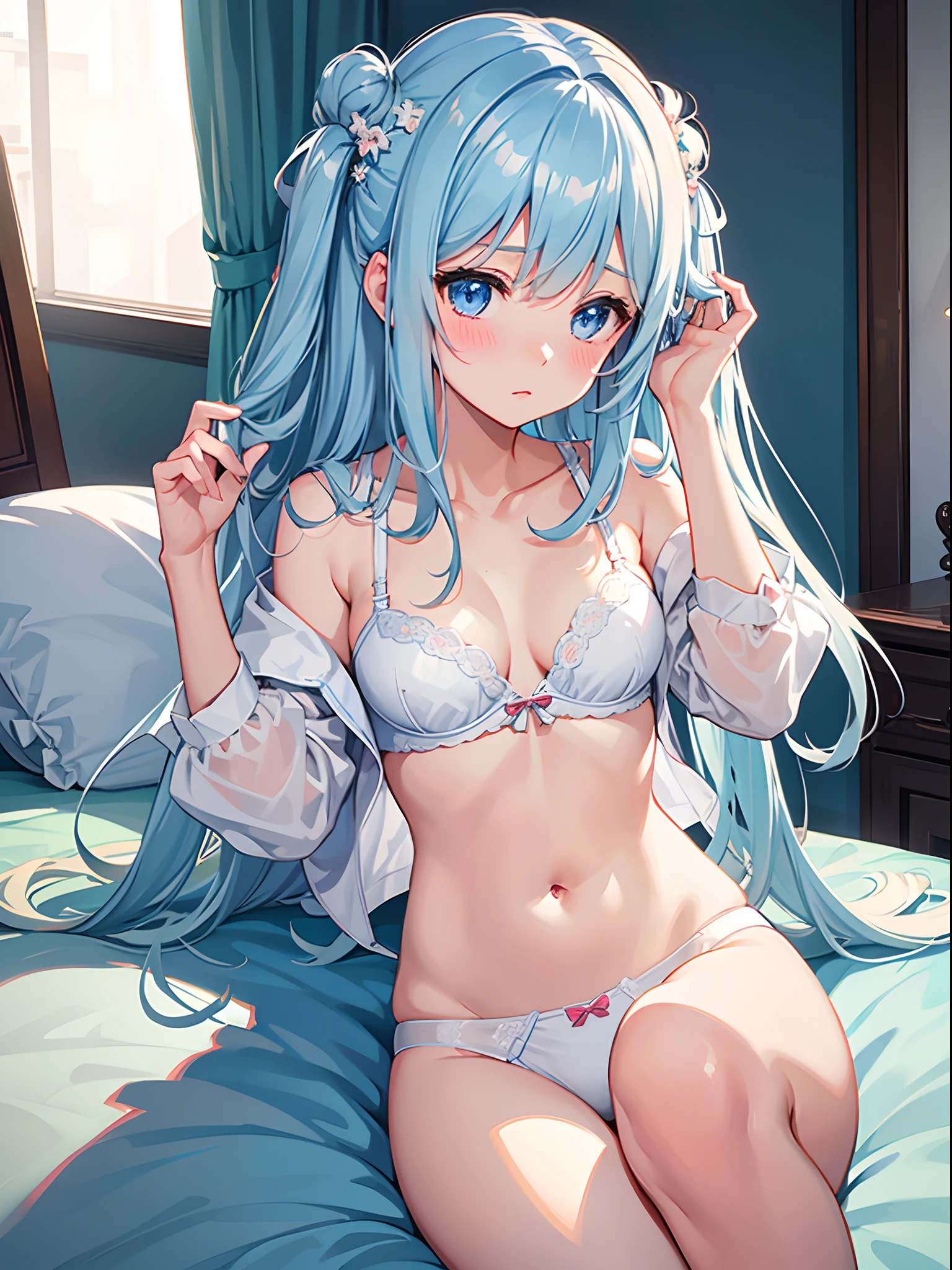 1girl in,Light Svert Medium Hair,Tying hair,Light blue eyes,Cute,blush,medium breasts, roomwear, Underwear is visible, Best Quality++,Highest Quality++, Line,