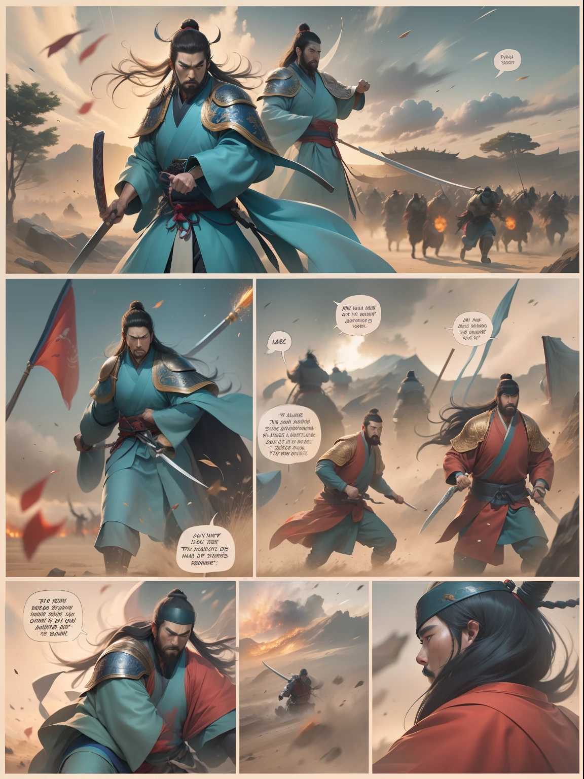 [illustratio，Story split-shots]comic page，There are multiple screens on one page: Chinese male warriors of the Qin Dynasty, A cold face，Symmetrical body, Broken robes，Armed with a bloody blue-edged sword，standing in the wind（Side half close-up）。The battle flag is skewed，Fireworks are everywhere，Enemies in the distance are rushing towards him（bblurry，Faraway view）。[Multi-camera continuous shooting]:Ultra-wide angle, Cinema lenses,Motion capture, Chiaroscuro, Depth of field 1.8，The protagonist is focused，Cinema lenses，Zao Wou-Ki style
