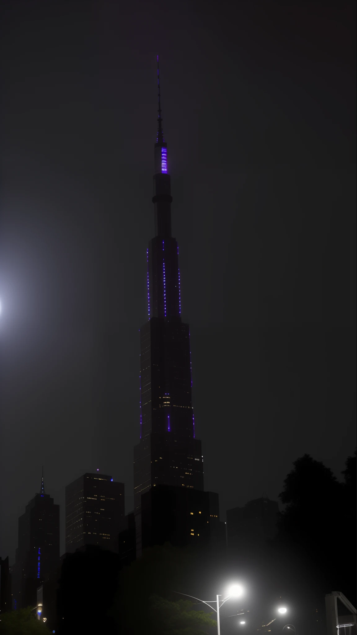 Arafed view of a tall tower with a light on top, shadowy lights in the sky, the moon is big and in the city, taken at night, nigth moon ligth, lights in the distance, alien antenna, antenna, night photo, purple moonlit sky , the lights are on, The moon in the upper right corner, moon ligth, new York aesthetic.