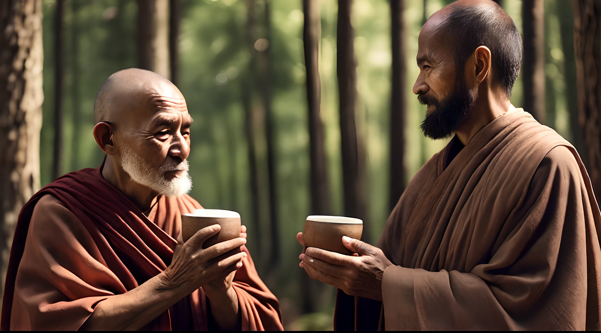 an old monk holding a clay cup in his hands, standing with male disciple in the forest, realistic, cinematic image, 2k