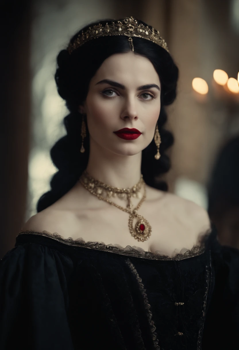 fourteenth century french courtesan beautiful in black clothing. Pale skin, Black hair, red lips