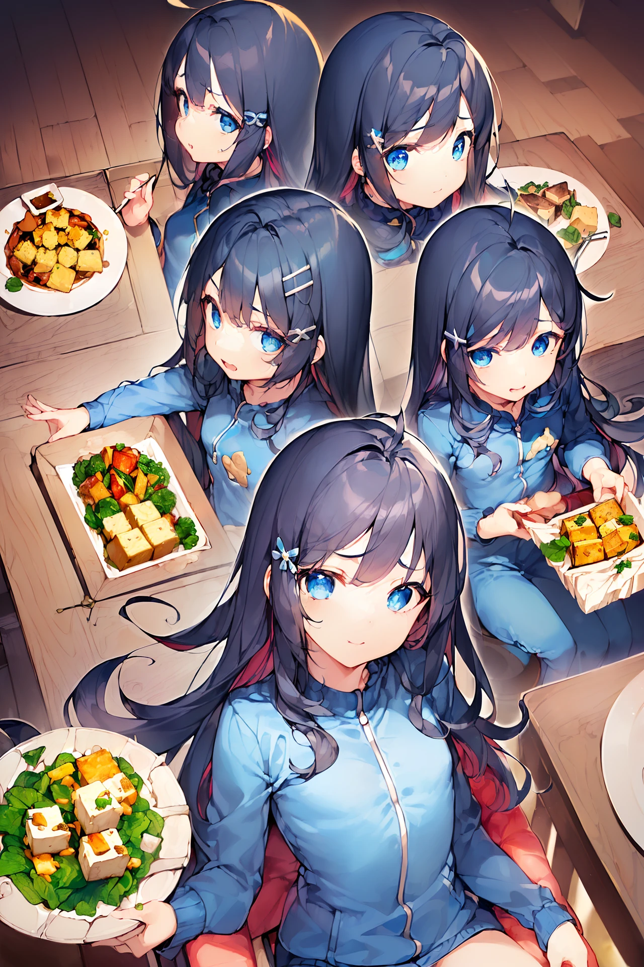 (((masterpiece))), (((Best Quality))), (((Ultra high definition))), (((High resolution))), (((hight resolution))), (((8K))), (((Exquisite))), (((Very Beautiful))), (((absurderes))), (Dark blue hair), (1girl), (girls), (Gamine:1.4), (Very long sideburns of dark blue color), Very cute, Moe Anime Style, Depiction of a crystal clear face, Highly detailed eye depiction, (Dark blue straight long hair:1.3), (Super long and thick sideburns of dark blue color:1.4), (Dark blue bangs with super large split:1.4), (Simple Hair Clip:1.2), (Very small blue eyes:1.4), (Very small eyes:1.4), (Very small eyes), ((A detailed eye:1.3)), (((Clear eyes))), (A little sagging eyes:1.3), (One star in the eye:1.4), (Super thick sideburns and super long sideburns:1.2), (Super long and thick sideburns:1.1), (Very small breasts:1.4), ((Very small breasts:1.3)), (Super small breasts), (Ahoge:1.2), (Laughing:1.2), (Blue Tracksuit:1.3), (sit a chair:1.3), (Chinese Restaurant:1.02), (Tofu dishes:1.4), (The number of tofu dishes that look very tasty:1.31), (Very spacious table:1.4), (From above:1.4), (Looking away:1.4), (Chatting with friends:1.4), (Chatting with friends:1.4)