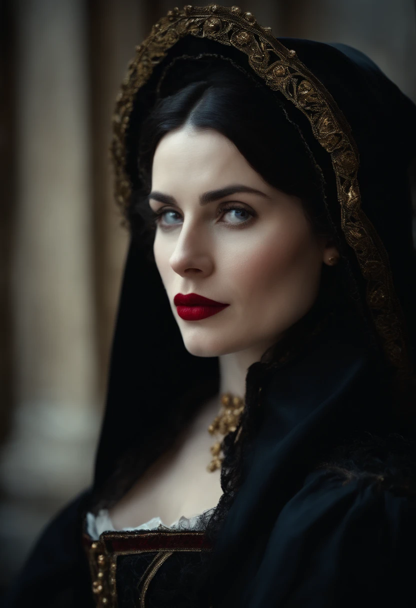 fourteenth century french courtesan beautiful in black clothing. Pale skin, Black hair, red lips