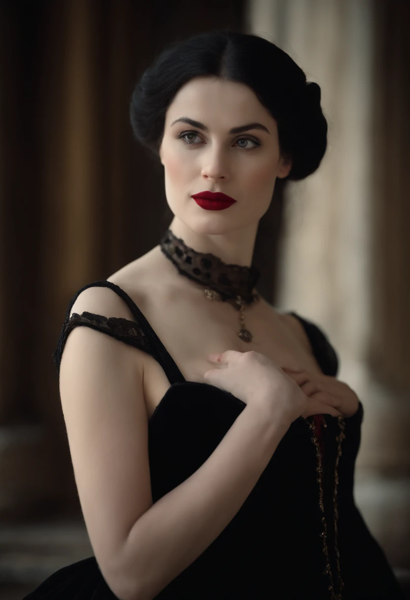 fourteenth century french courtesan beautiful in black clothing. Pale skin, Black hair, red lips
