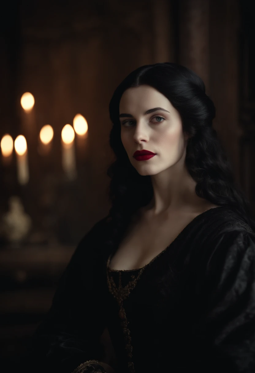 fourteenth century french courtesan beautiful in black clothing. Pale skin, Black hair, red lips