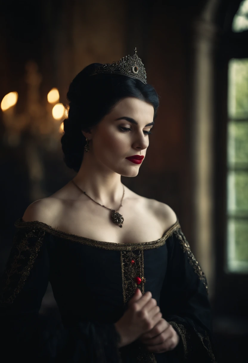 fourteenth century french courtesan beautiful in black clothing. Pale skin, Black hair, red lips