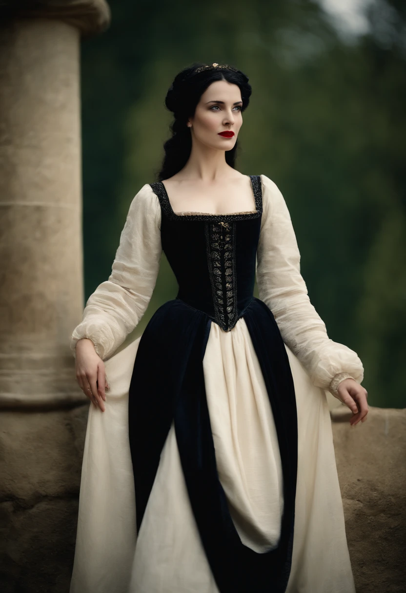 fourteenth century french courtesan beautiful in black clothing. Pale skin, Black hair, red lips