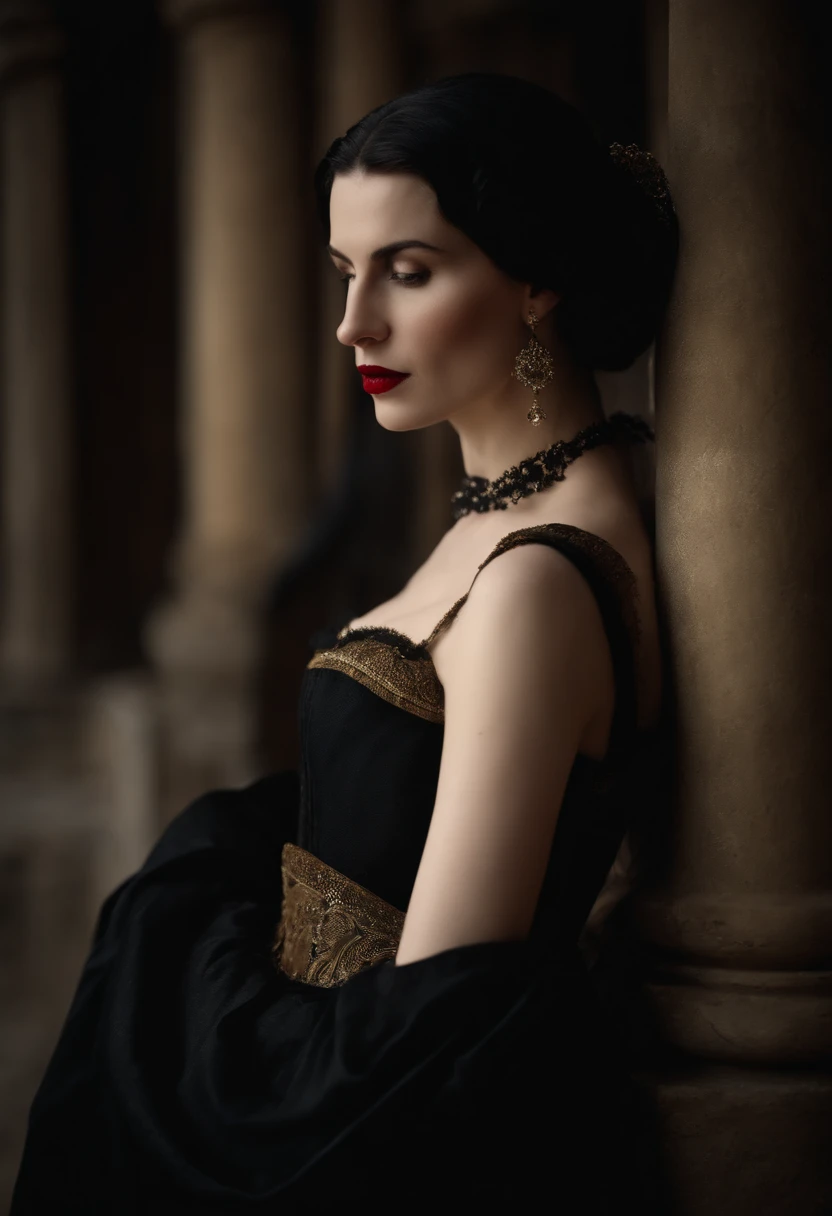 fourteenth century french courtesan beautiful in black clothing. Pale skin, Black hair, red lips