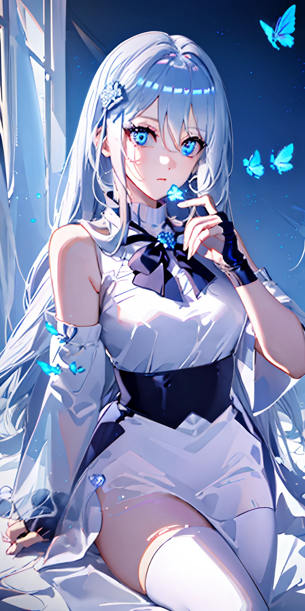(Overhead view),dynamic angle,ultra-detailed, illustration, close-up, straight on, 1girl, (fantasy:1.4), (azure blue eyes:1.233),Her eyes shone like dreamy stars,(glowing eyes:1.233),(beautiful and detailed eyes:1.1),(Silver hair:1.14),(messy hair,very long hair,french braid,hair between eyes,sidelocks), (+(bule hair flower:1.14)),(chiffon dress,bule flower pattern in uniform)/=(military uniform:1.24),(detached sleeves,wide sleeves),(fingerless gloves),choker,(miko thighhighs),High heeled boots,(expressionless,closed mouth),(standing), (classical Princess boudoir with dressing tableand french windowin a white ancient palaces),(white flowers,bloom),(abysmal sea),(flowing water),(a dull blue world tree:1.14),(ruins),(night:1.2),dreamy,soul,(fluorescence),(flying translucent blue butterflies:1.15), [[delicate fingers and hands:0.55]::0.85],(detail fingers),(yubao:0.5),