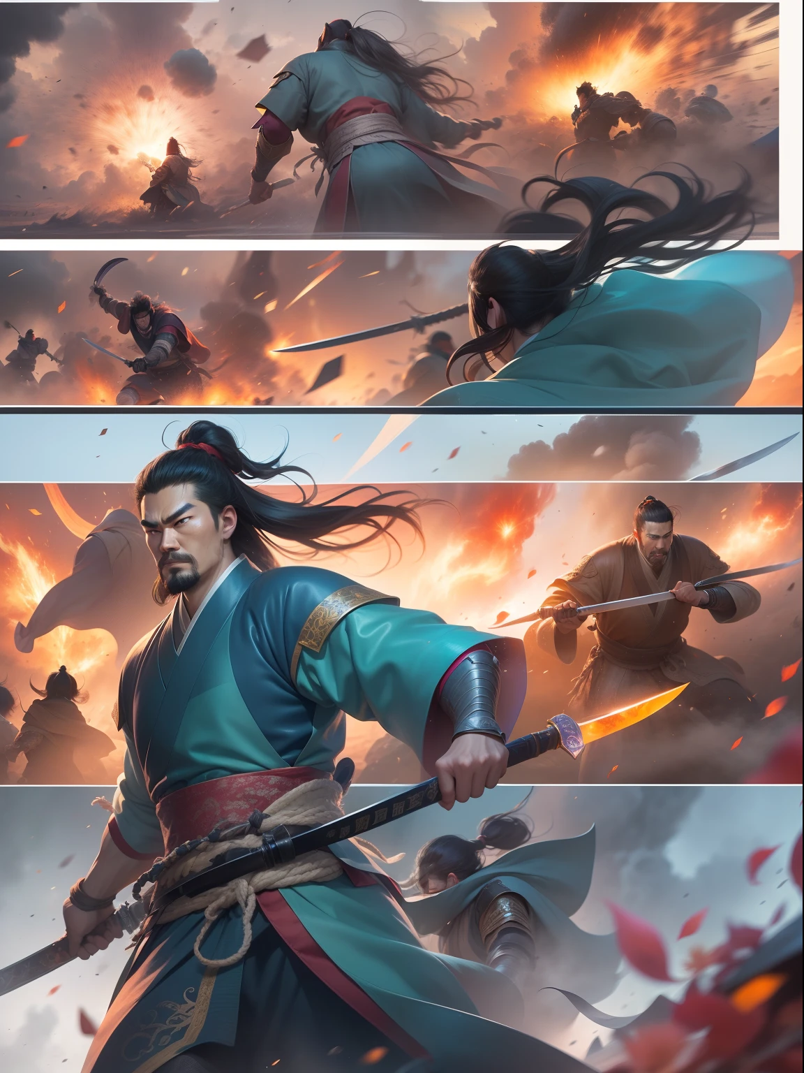 [illustratio，Story split-shots]comic page，There are multiple screens on one page: Chinese male warriors of the Qin Dynasty, A cold face，Symmetrical body, Broken robes，Armed with a bloody blue-edged sword，standing in the wind（Side half close-up）。The battle flag is skewed，Fireworks are everywhere，Enemies in the distance are rushing towards him（bblurry，Faraway view）。[Multi-camera continuous shooting]:Ultra-wide angle, Cinema lenses,Motion capture, Chiaroscuro, Depth of field 1.8，The protagonist is focused，Cinema lenses，Zao Wou-Ki style