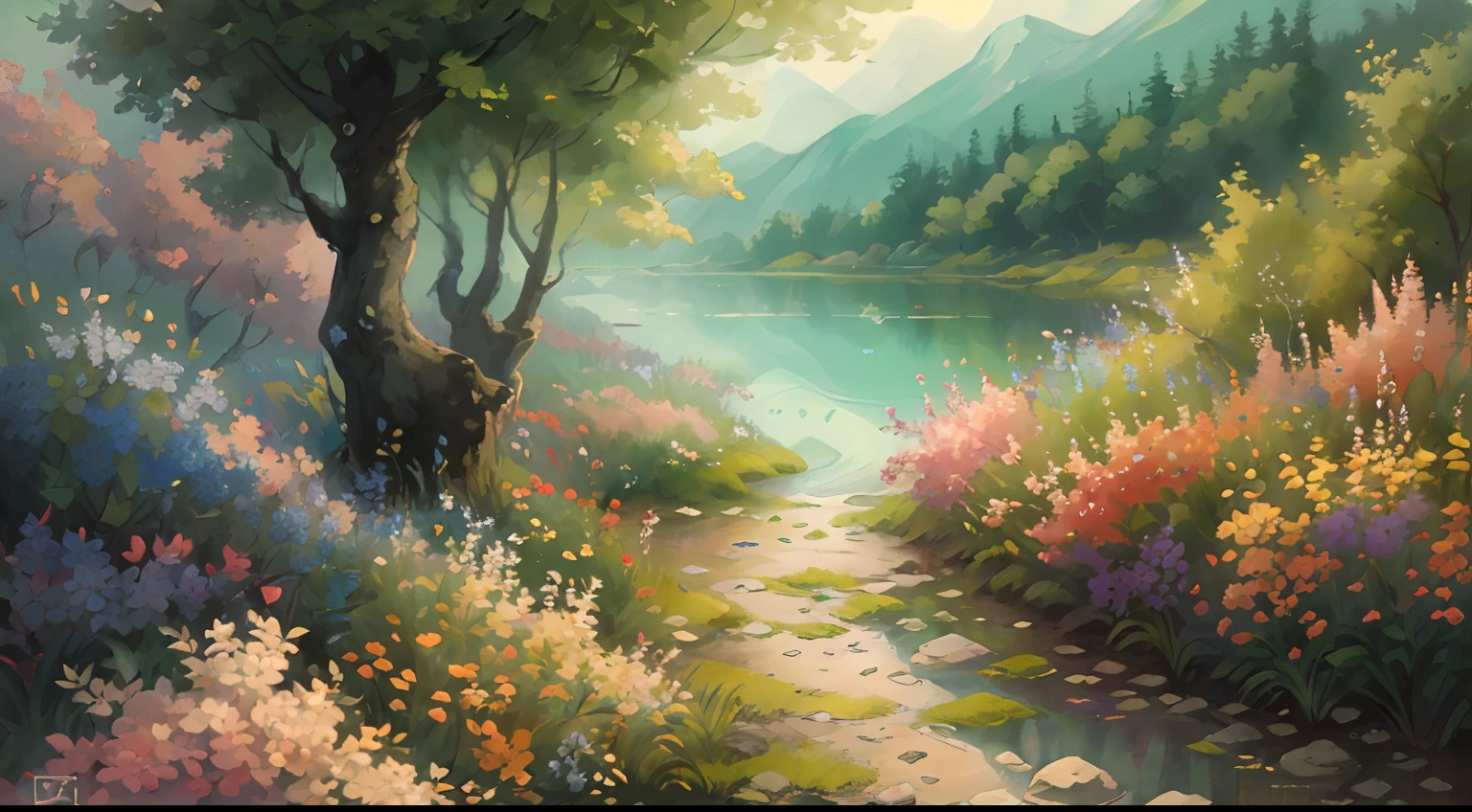 (Best Quality,4K,8K,hight resolution,masutepiece:1.2),Ultra-detailed,(Realistic,Photorealistic,Photorealsitic:1.37),Flowers with great detail,Fragrant flowers,Vibrant colors,idyllic scenery,natural beauty,Calm river,Scenic Trail,traditional painting,soft sunlight,Impressionism,Pastel tones,Delicate petals,subtle shadows,peaceful ambiance,Magnificent view,fresh air,lush foliage,Harmonious composition,Fine brush strokes,serene environment,Endless Horizon,Tranquility of nature,Sparkling water,Invitation Pass,ethereal beauty,The beauty of tranquility,Endless tranquility,Symphony of Nature,gentle wind,Majestic mountain々,Awe-inspiring scenery,Gentle colors,Temporary moments,Stunning brush strokes,Idyllic riverbank,Fascinating landscapes,moments of serenity,peaceful silence,Whispering leaves.